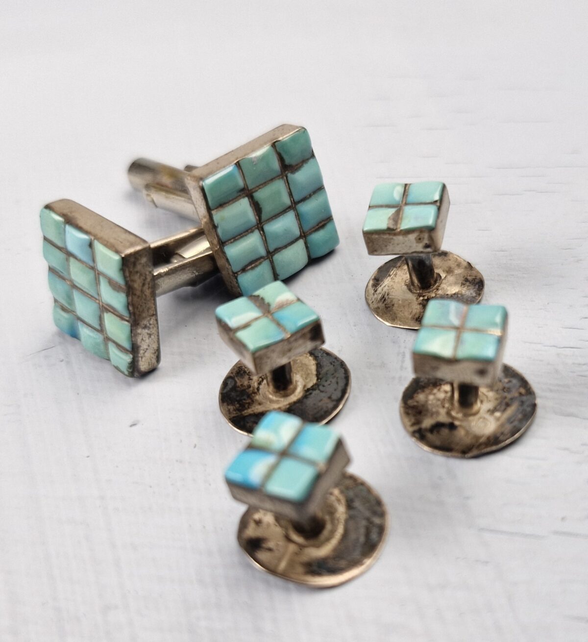 Silver and Turquoise Cufflinks with Shirt Studs