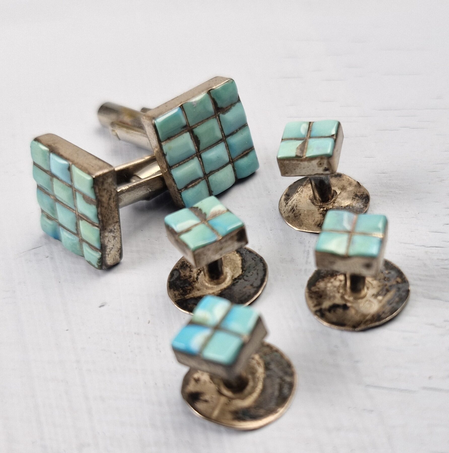 Silver and Turquoise Cufflinks with Shirt Studs